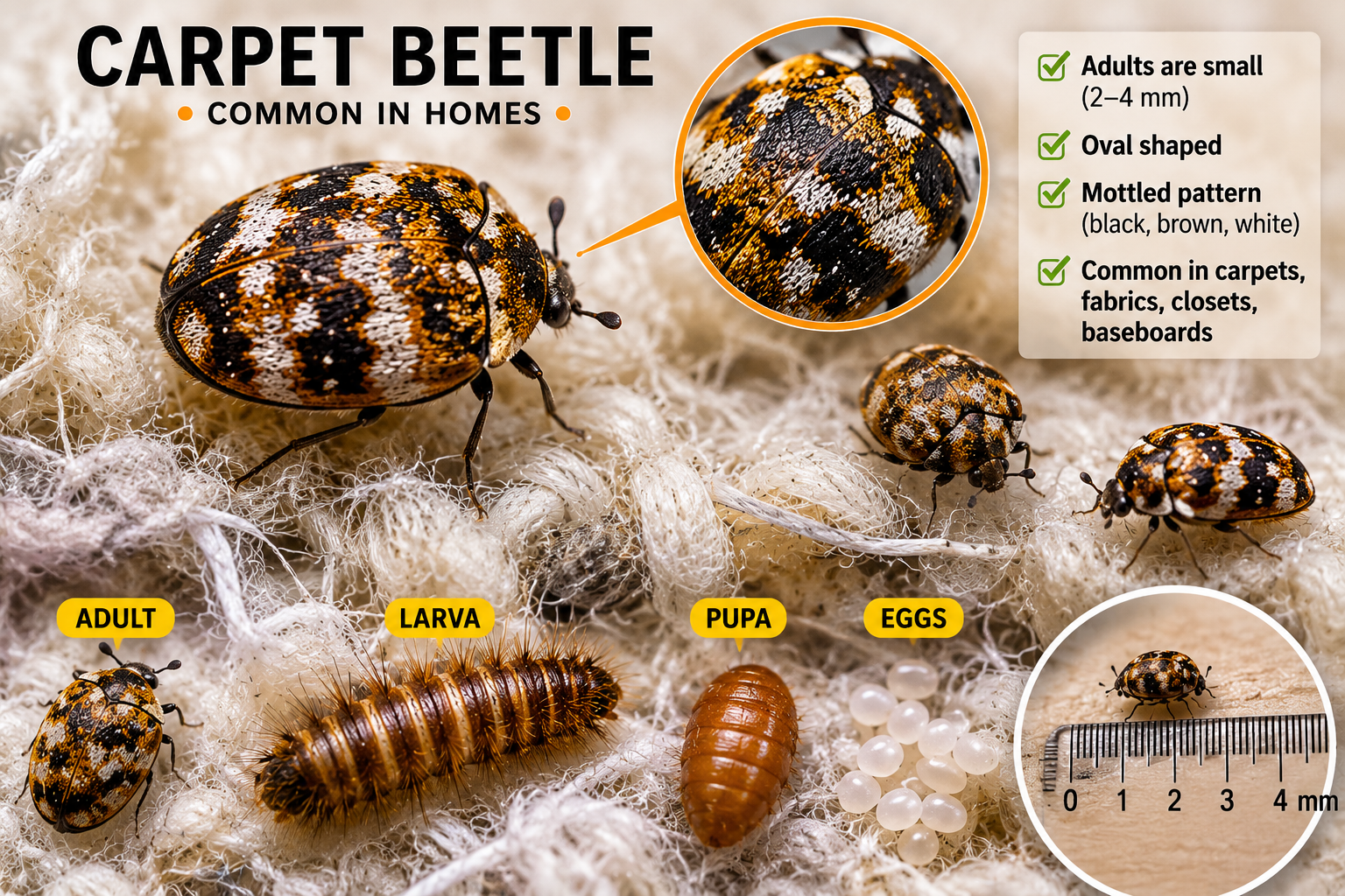 Carpet beetle identification chart for Sutton homes: adult Anthrenus beetle alongside labelled wooly bear larva