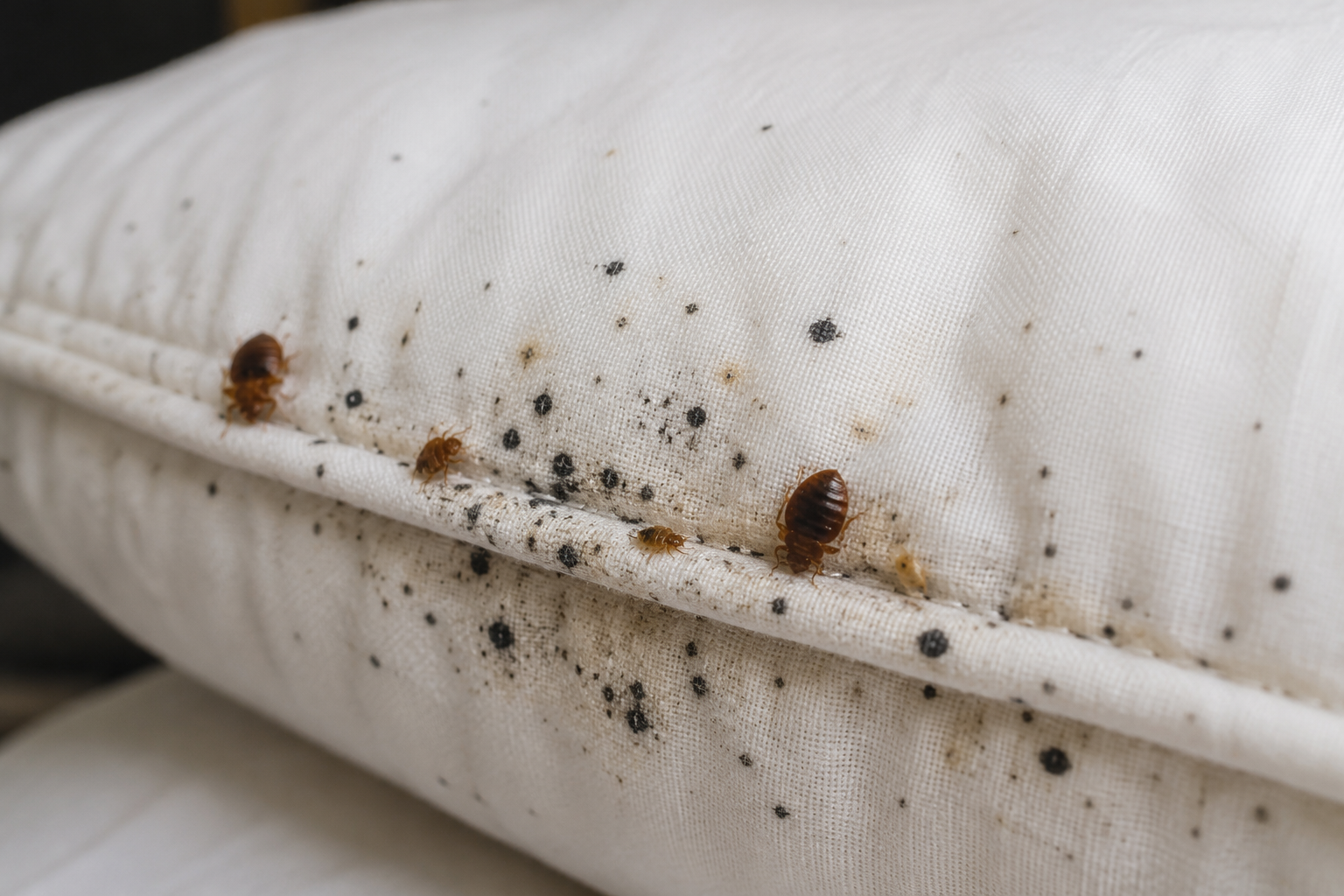 Dark bed bug spotting and staining on a pillow — a common early sign of an infestation