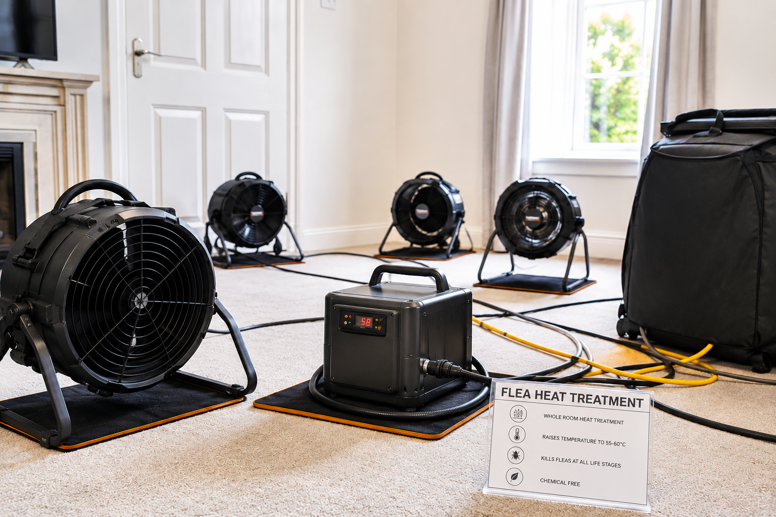 Professional flea heat treatment with floor fans in a Manningtree living room
