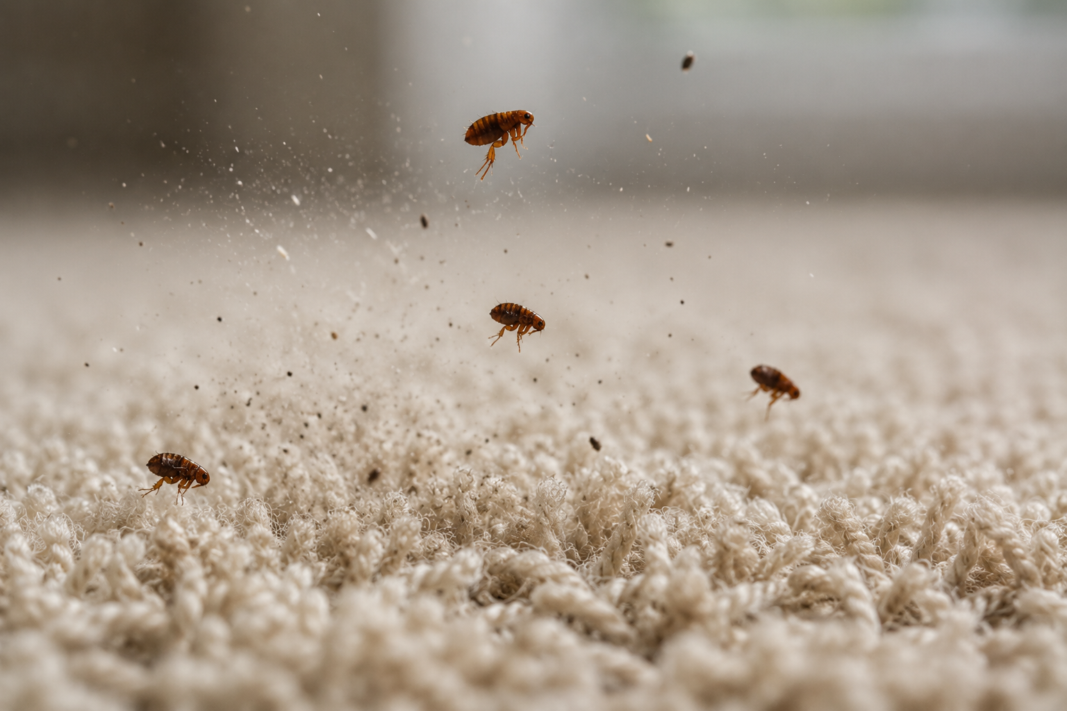Adult fleas jumping out of a carpet pile with eggs and debris visible