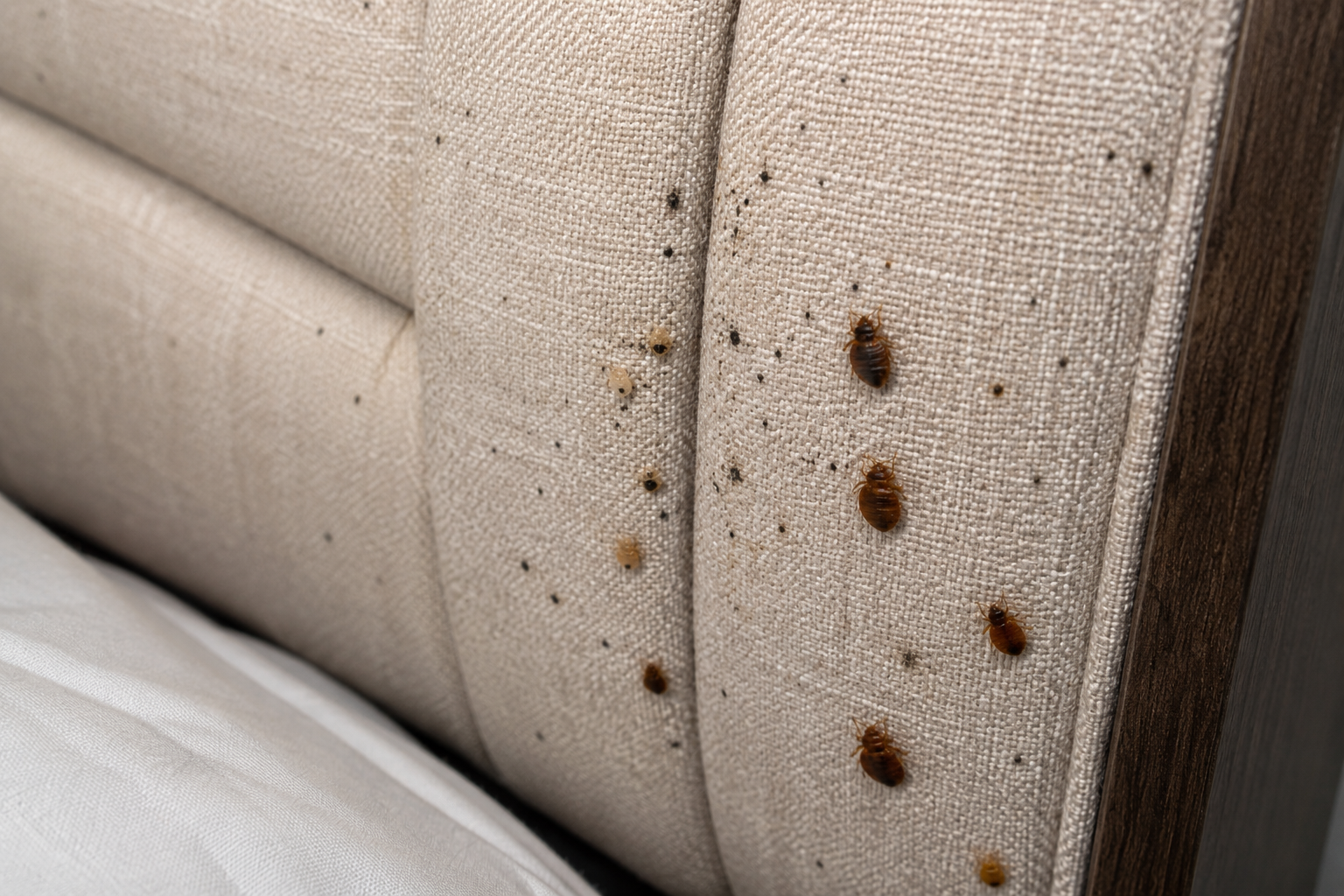Bed bugs clustered in a protected headboard crack — a typical cold spot risk during heat treatment