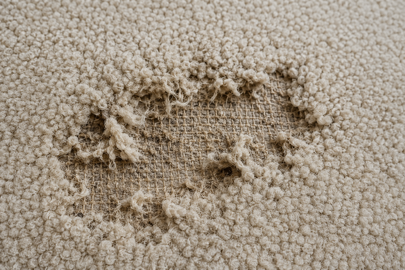 Close-up of carpet moth damage with a worn patch and visible carpet backing
