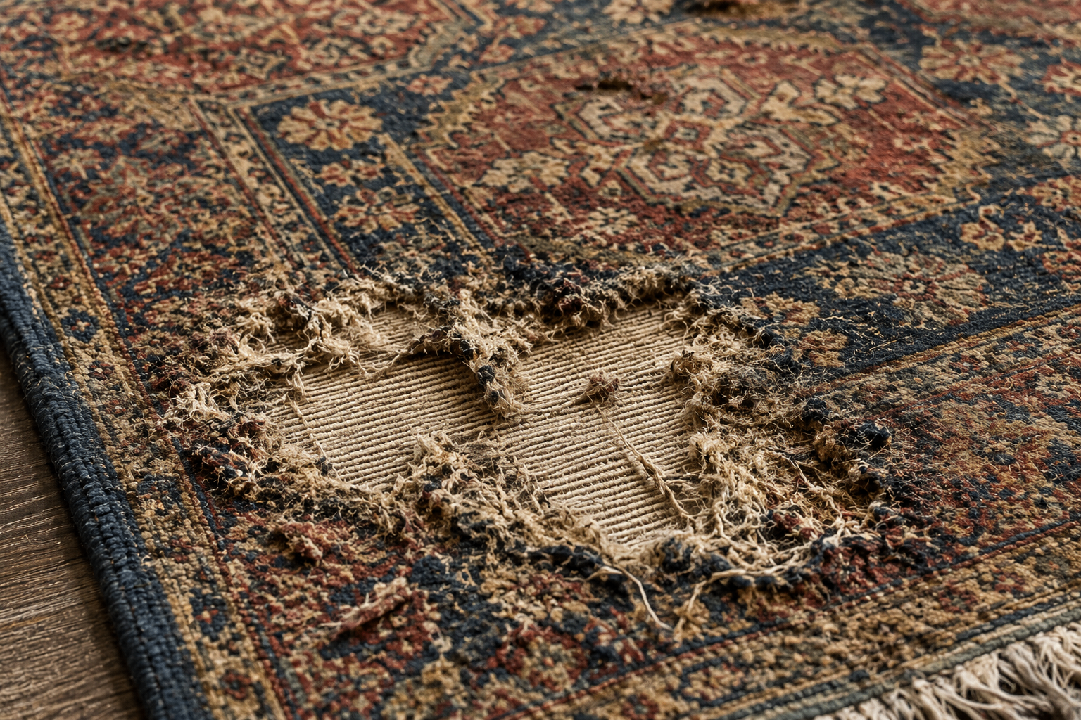 Severe moth damage to a patterned rug with exposed backing and fibre loss