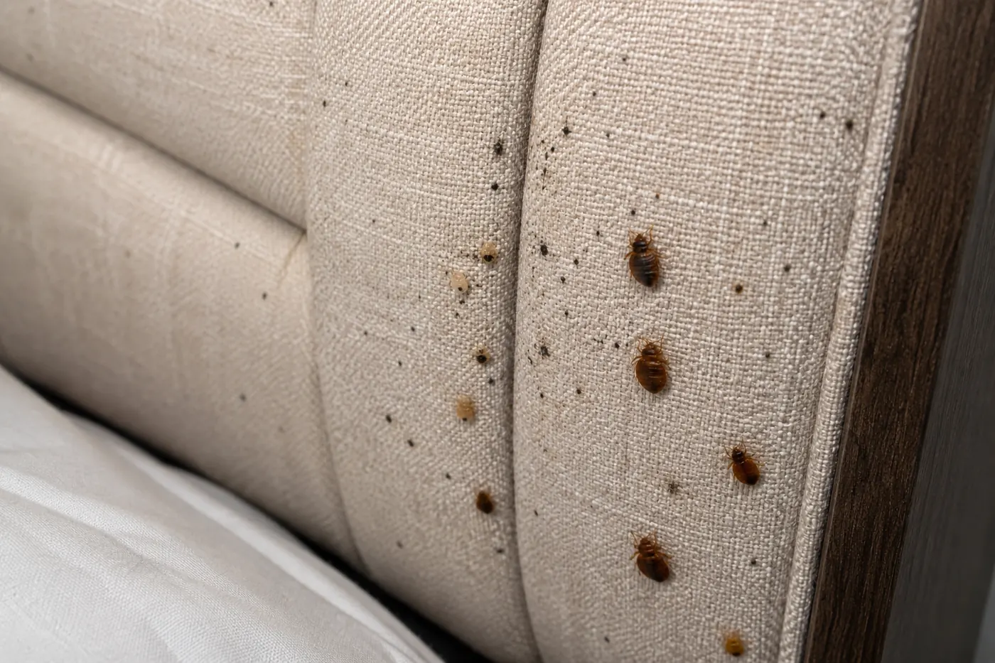 Bed bugs, eggs and dark spotting on a fabric upholstered headboard