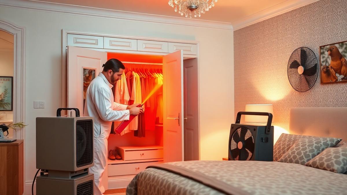 Professional moth heat treatment equipment in a Bures bedroom